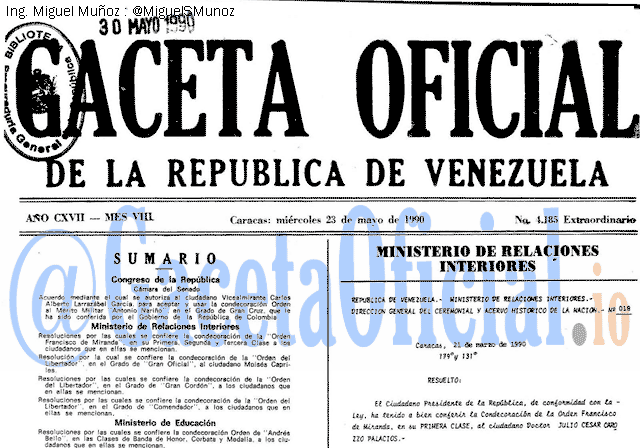 Gaceta Oficial 4185 del 23 Mayo 1990