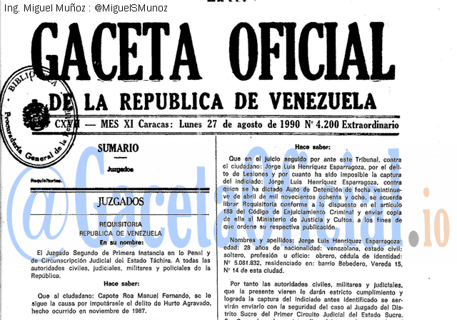 Gaceta Oficial 4200 del 27 Agosto 1990