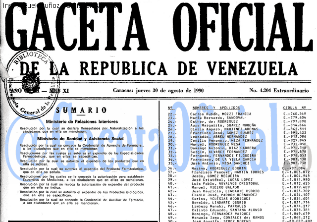 Gaceta Oficial 4204 del 30 Agosto 1990