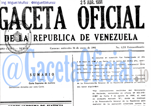 Gaceta Oficial 4231 del 16 Enero 1991
