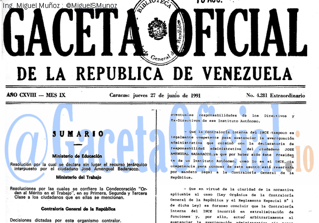 Gaceta Oficial 4281 del 27 Junio 1991