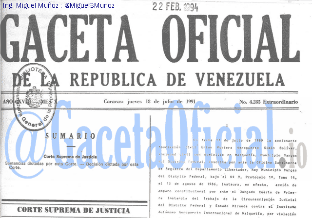 Gaceta Oficial 4285 del 18 Julio 1991