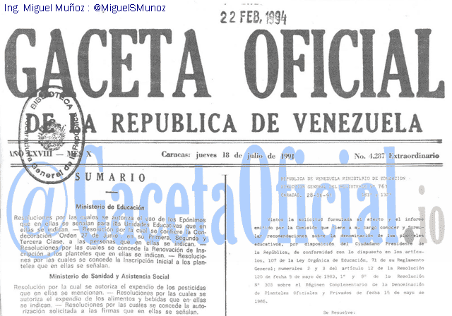 Gaceta Oficial 4287 del 18 Julio 1991