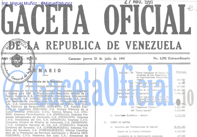 Gaceta Oficial 4292 del 25 Julio 1991