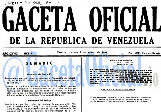 Gaceta Oficial 4296 del 9 Agosto 1991