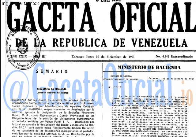 Gaceta Oficial 4342 del 16 Diciembre 1991