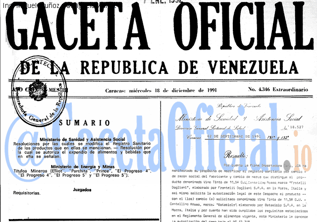 Gaceta Oficial 4346 del 18 Diciembre 1991