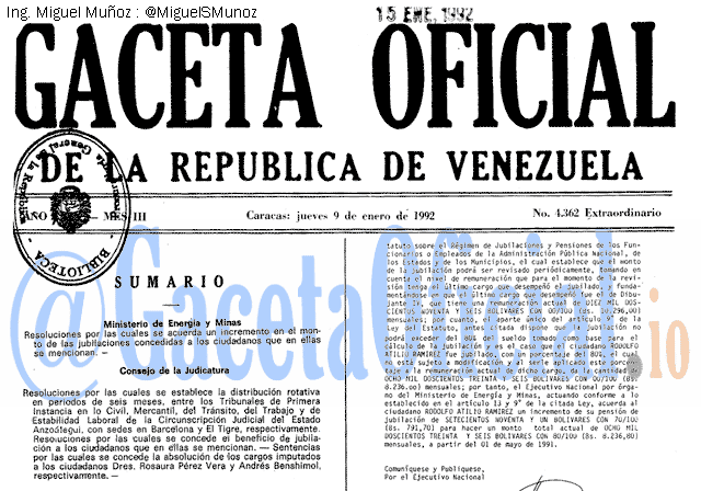 Gaceta Oficial 4362 del 9 Enero 1992