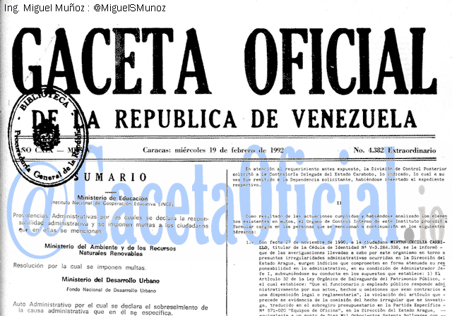 Gaceta Oficial 4382 del 19 Febrero 1992