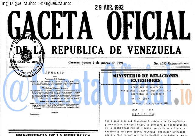 Gaceta Oficial 4393 del 5 Marzo 1992
