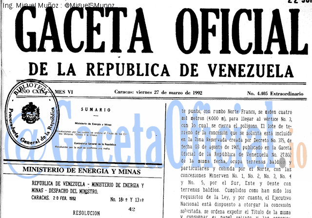Gaceta Oficial 4405 del 27 Marzo 1992