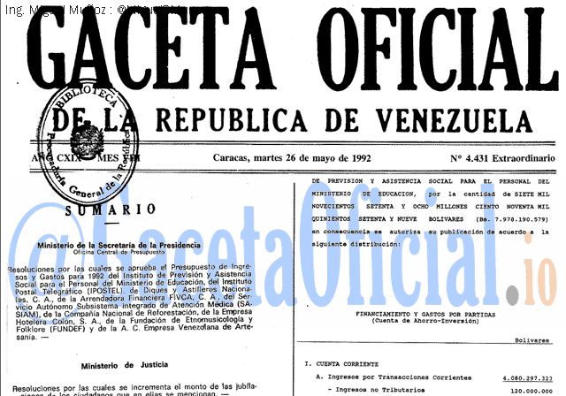 Gaceta Oficial 4431 del 26 Mayo 1992