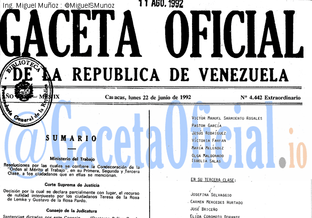 Gaceta Oficial 4442 del 22 Junio 1992