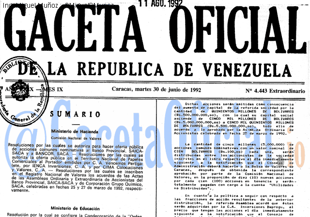 Gaceta Oficial 4443 del 30 Junio 1992