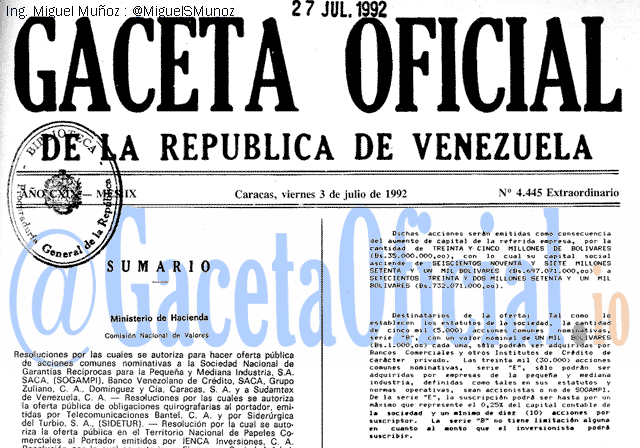 Gaceta Oficial 4445 del 3 Julio 1992