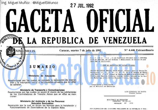 Gaceta Oficial 4446 del 7 Julio 1992