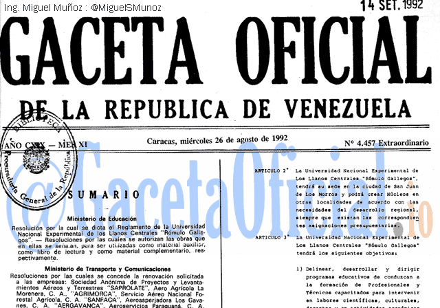 Gaceta Oficial 4457 del 26 Agosto 1992