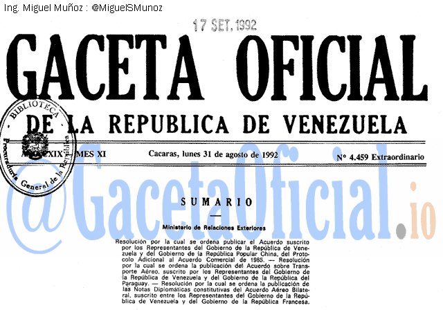 Gaceta Oficial 4459 del 31 Agosto 1992