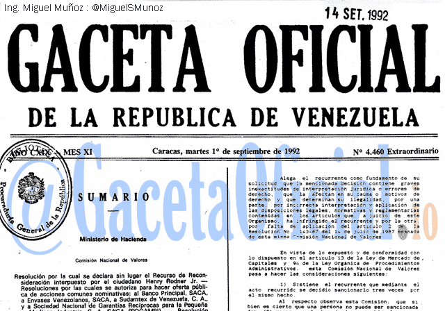 Gaceta Oficial 4460 del 1 Septiembre 1992