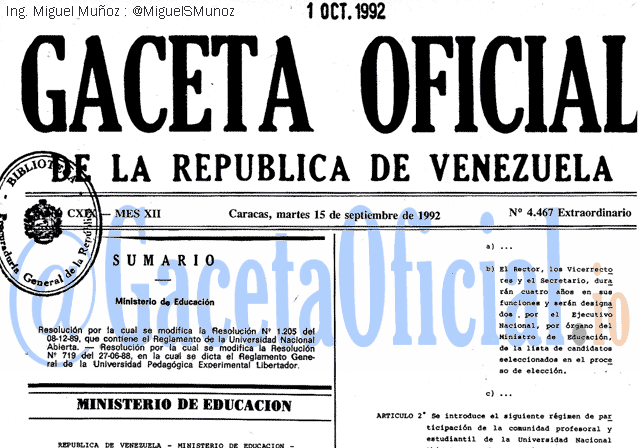 Gaceta Oficial 4467 del 15 Septiembre 1992