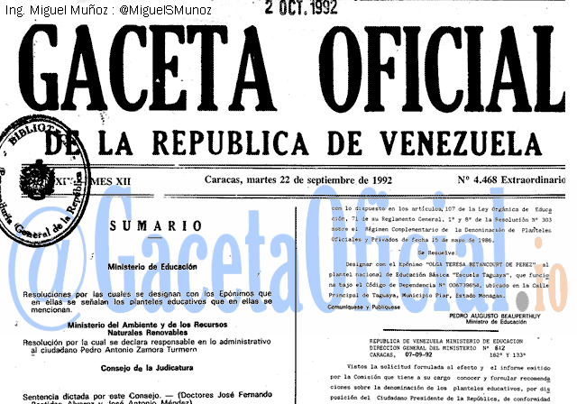 Gaceta Oficial 4468 del 22 Septiembre 1992