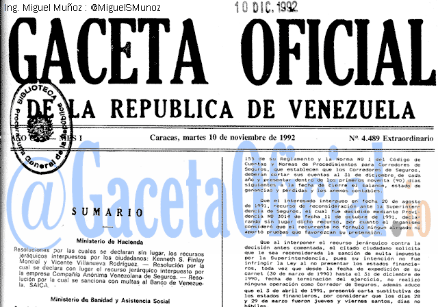 Gaceta Oficial 4489 del 10 Noviembre 1992