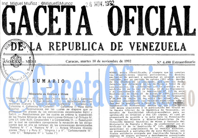 Gaceta Oficial 4490 del 10 Noviembre 1992