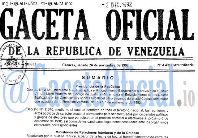 Gaceta Oficial 4496 del 28 Noviembre 1992