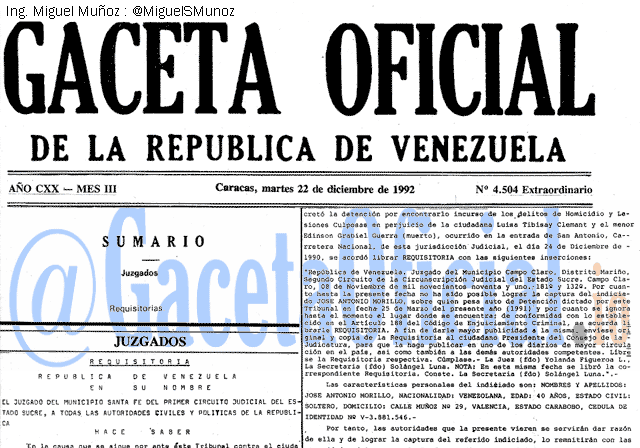 Gaceta Oficial 4504 del 22 Diciembre 1992