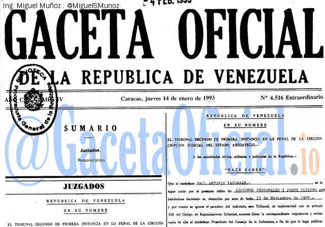 Gaceta Oficial 4516 del 14 Enero 1993