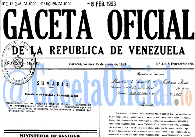 Gaceta Oficial 4518 del 15 Enero 1993