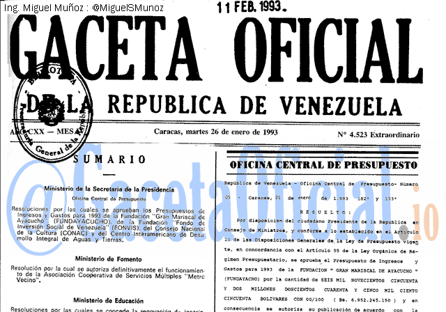 Gaceta Oficial 4523 del 26 Enero 1993