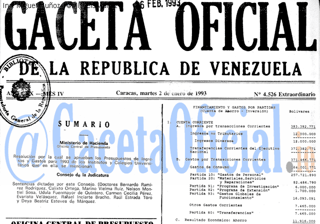 Gaceta Oficial 4526 del 2 Enero 1993