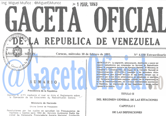 Gaceta Oficial 4530 del 10 Febrero 1993
