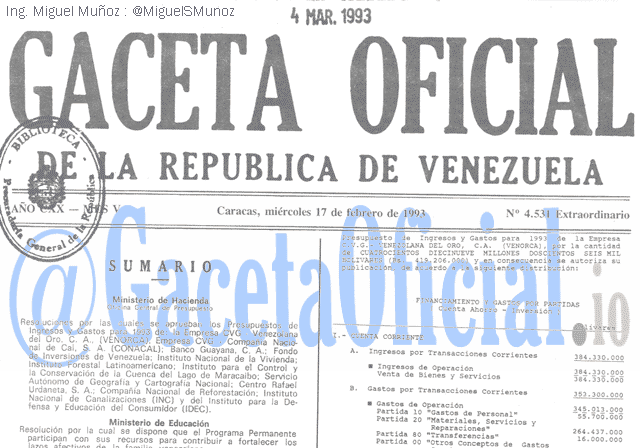 Gaceta Oficial 4531 del 17 Febrero 1993