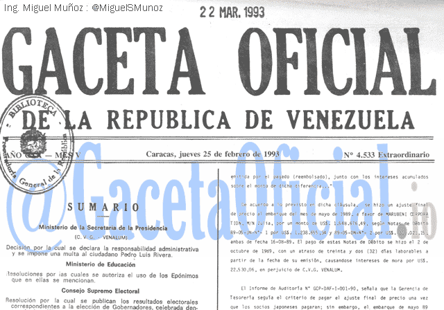 Gaceta Oficial 4533 del 25 Febrero 1993