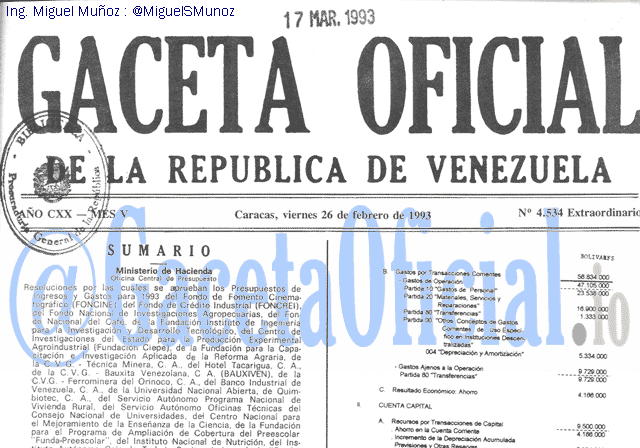 Gaceta Oficial 4534 del 26 Febrero 1993