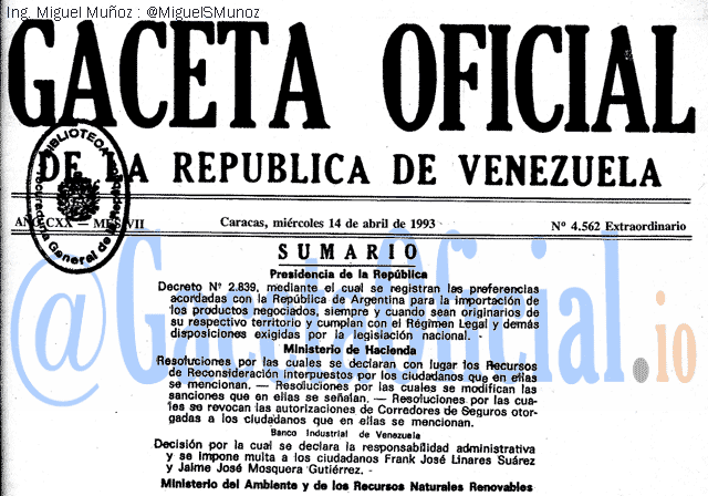 Gaceta Oficial 4562 del 14 Abril 1993