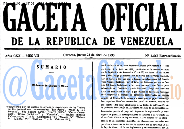 Gaceta Oficial 4565 del 22 Abril 1993