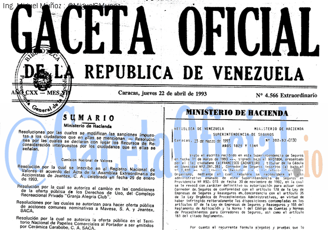 Gaceta Oficial 4566 del 22 Abril 1993