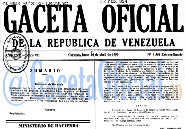 Gaceta Oficial 4568 del 26 Abril 1993