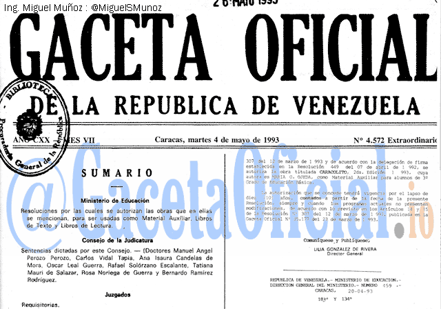 Gaceta Oficial 4572 del 4 Mayo 1993