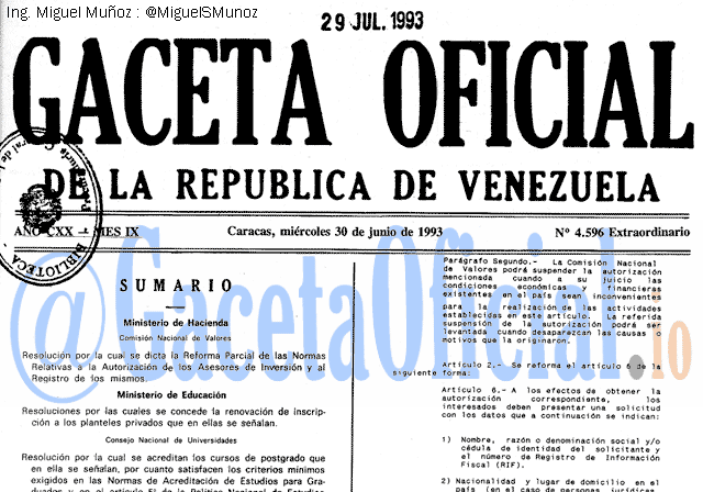 Gaceta Oficial 4596 del 30 Junio 1993
