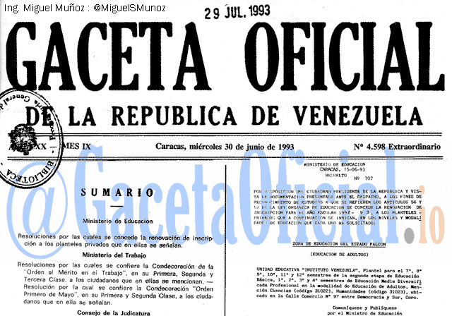 Gaceta Oficial 4598 del 30 Junio 1993