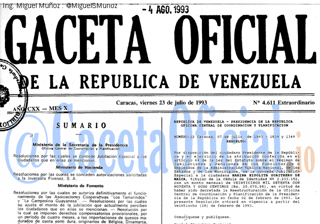 Gaceta Oficial 4611 del 23 Julio 1993