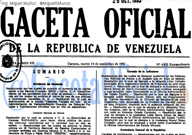 Gaceta Oficial 4631 del 14 Septiembre 1993