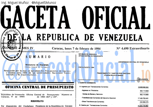 Gaceta Oficial 4690 del 7 Febrero 1994
