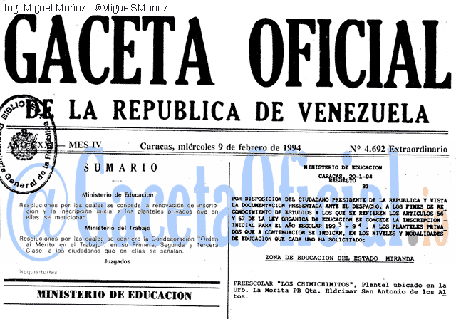 Gaceta Oficial 4692 del 9 Febrero 1994