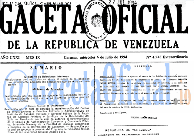 Gaceta Oficial 4745 del 6 Julio 1994
