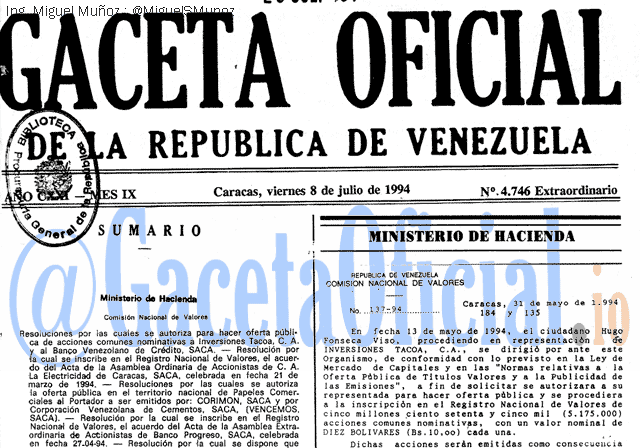 Gaceta Oficial 4746 del 8 Julio 1994